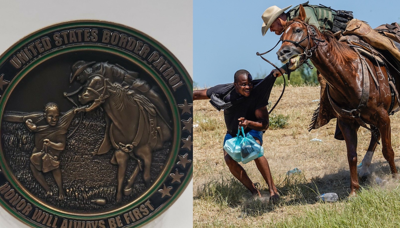 The replica challenge coin and photograph. Photos: eBay and Paul Ratje/AFP via Getty Images.