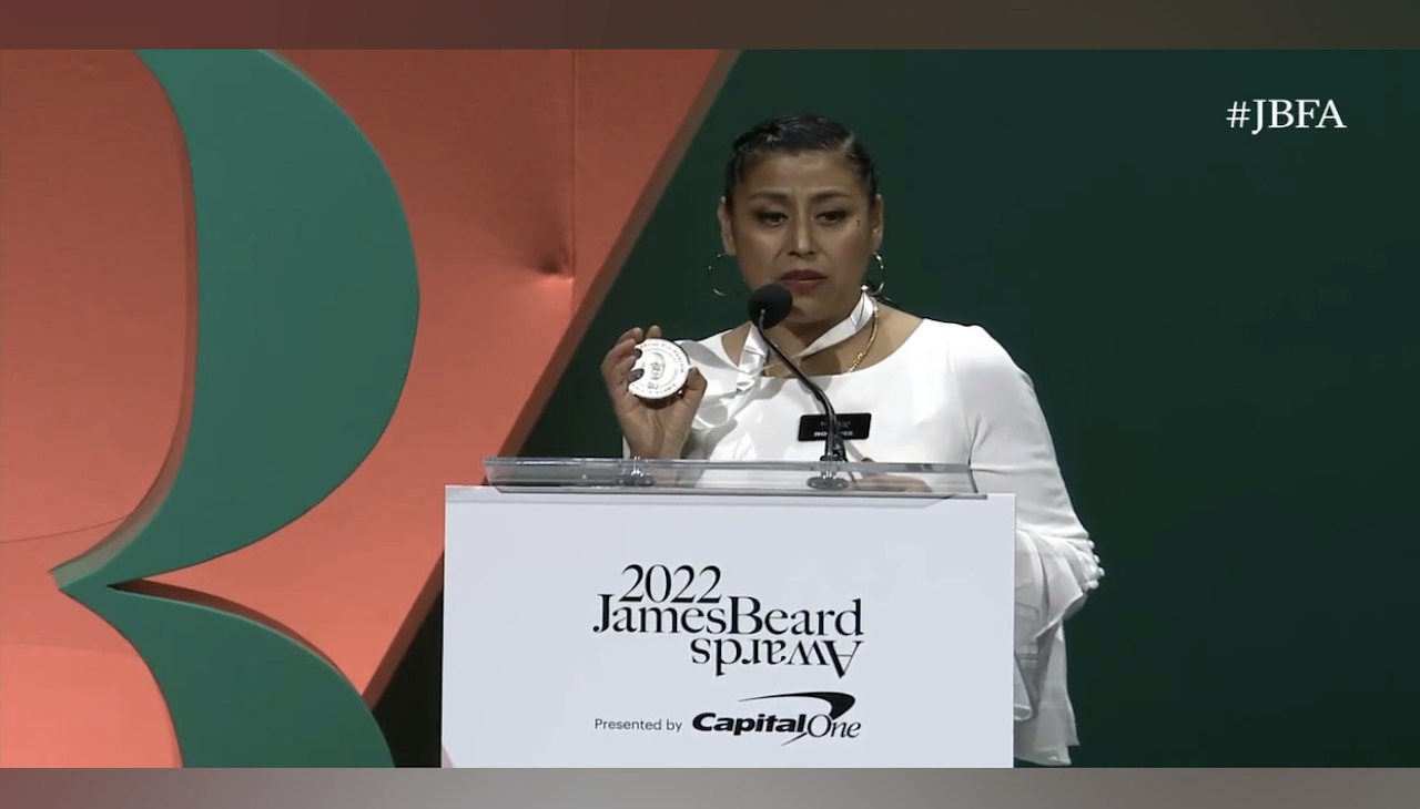 South Philly Barbacoa's Cristina Martinez accepting the award for Best Chef, Mid-Atlantic at the 2022 James Beard Awards in Chicago. Photo: James Beard Foundation