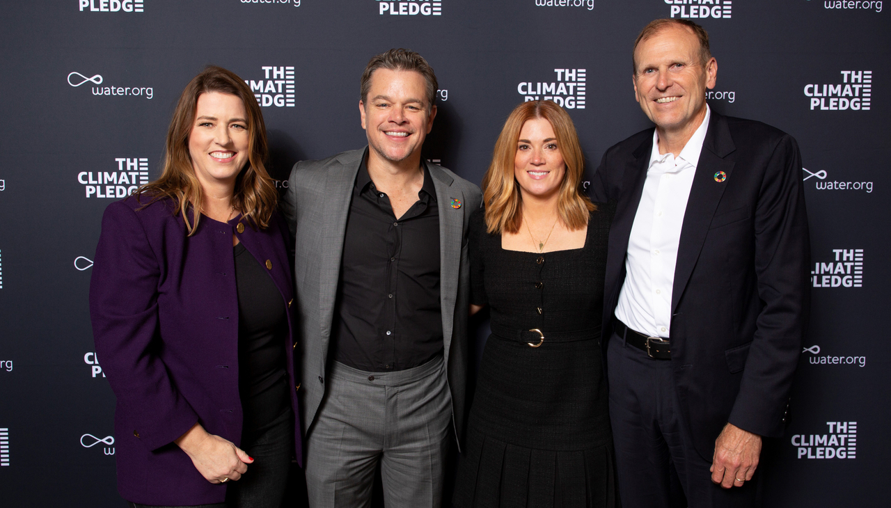 At the 2022 New York Climate Week Leaders Reception, Amazon's Kara Hurst (Vice President of Global Sustainability), Sally Fouts (Director of Climate Pledge), and Gary White and Matt Damon (Co-Founders of Water.org and WaterEquity). Photo: Business Wire.