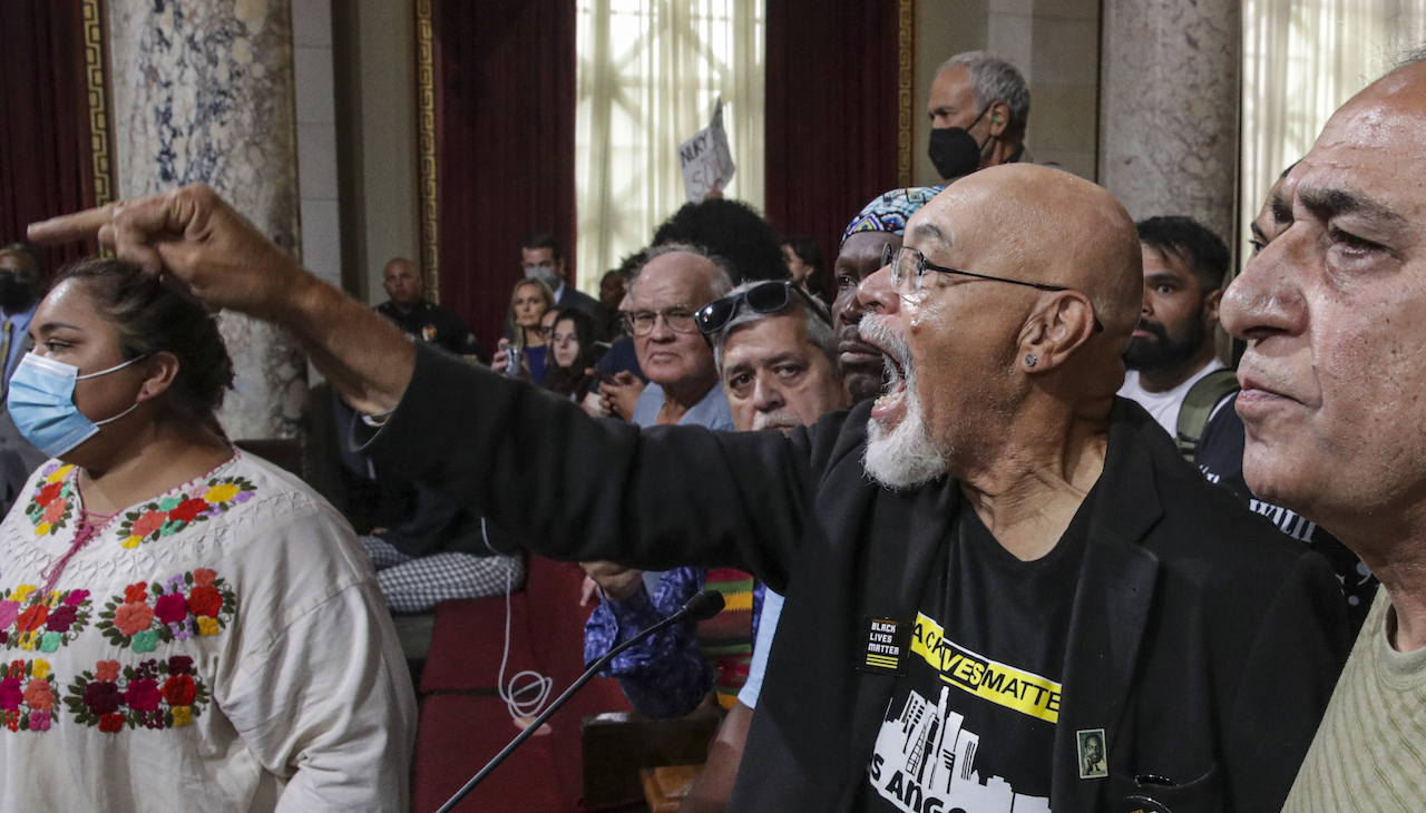 Protesters at LA City council chambers. Photo: Ifran Khan/Los Angeles Times via Getty Images.