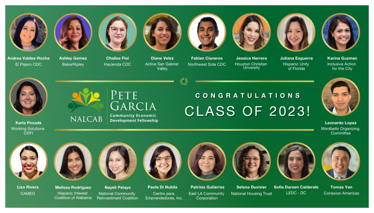 A display of headshots of each of the Fellows with their names beneath their photos, set on a green background. Text in the center reads "Congratulations class of 2023!" and the name of the fellowship.