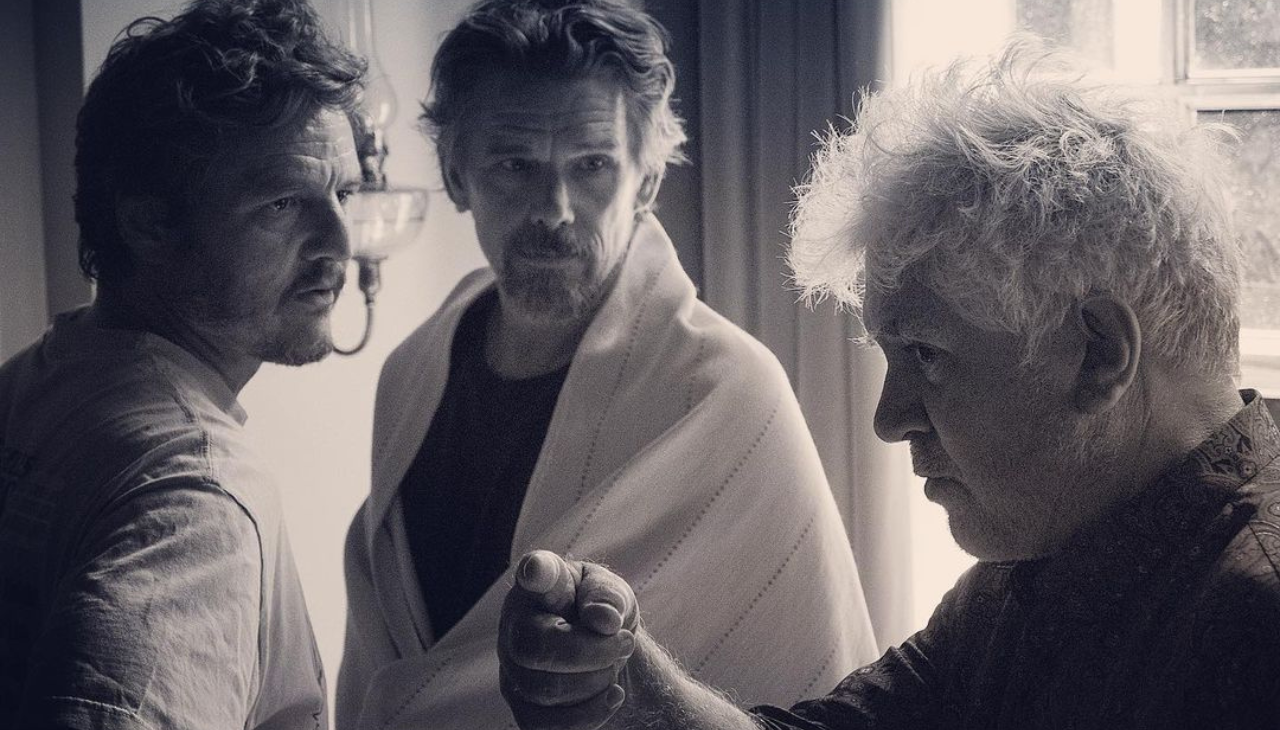 Pedro Almodóvar with Pedro Pascal and Ethan Hawke on set. Photo: Instagram Pedro Pascal