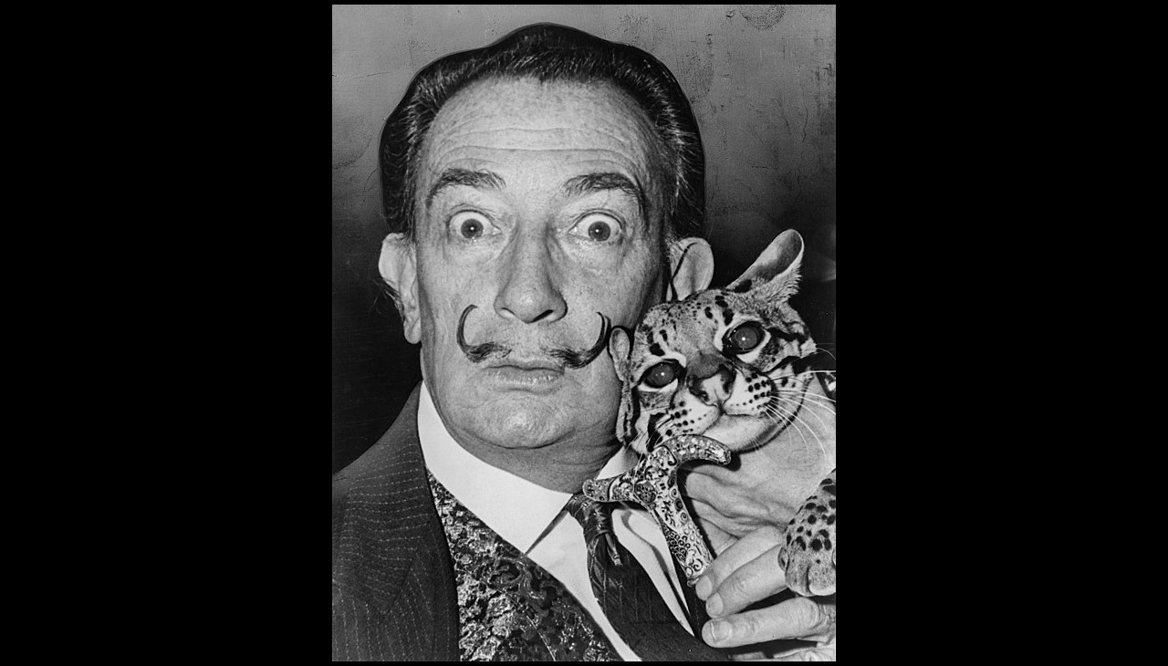 Dalí in the 1960s, sporting his ostentatious moustache, together with his pet, an ocelot called Babou