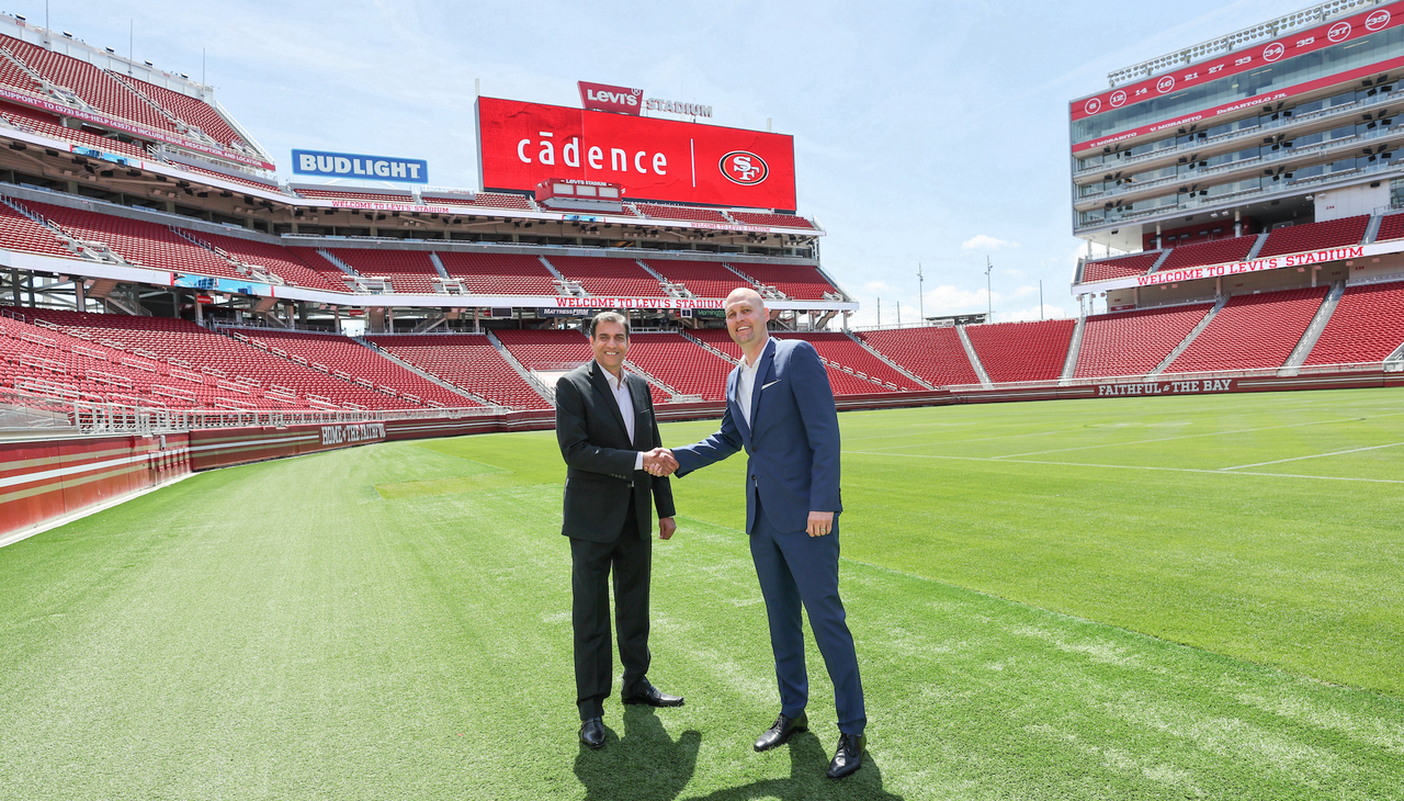 Nimish Modi, senior vice president and general manager, Strategy and New Ventures, Cadence, and Brent Schoeb, chief revenue officer, 49ers, pictured at Levi’s Stadium in Santa Clara, Calif.