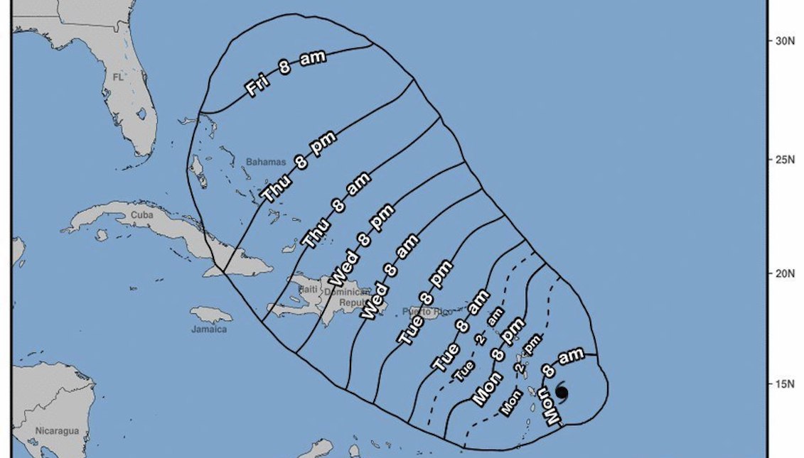 Graphic representation showing the possible trajectory of Tropical Storm Maria in the Atlantic Ocean on Monday, September 18, 2017. Maria is expected to become a hurricane throughout the day, after increasing her category to 3 or growing with her passing through Puerto Rico and the United States Virgin Islands. EFE / National Hurricane Center