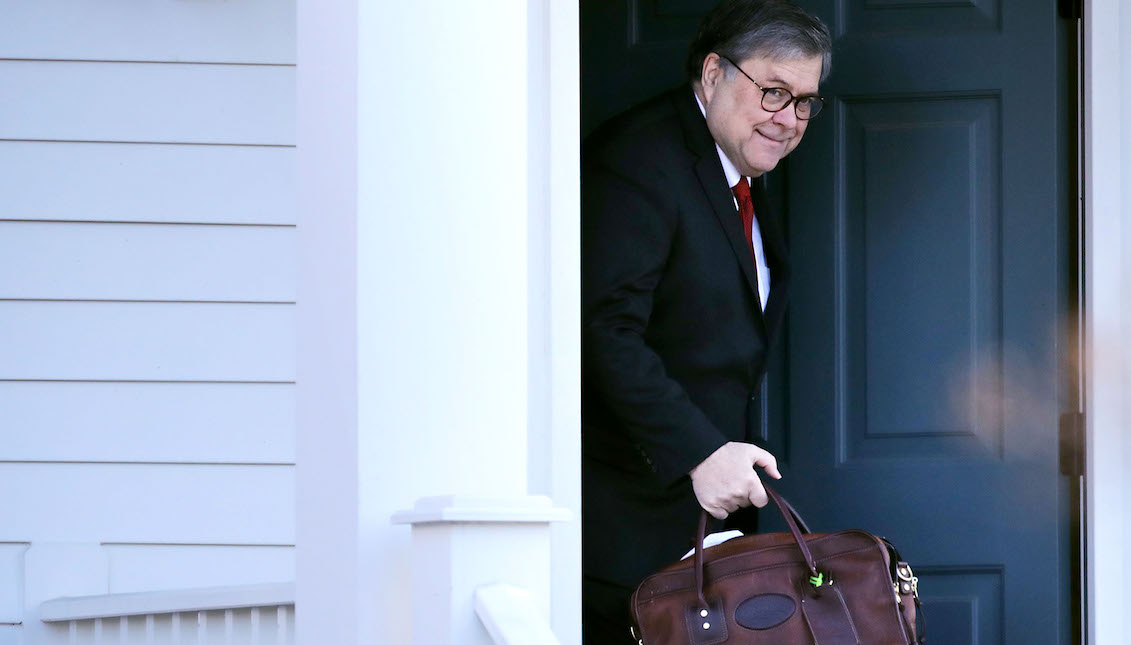 WASHINGTON, DC - MARCH 25: U.S. Attorney General William Barr leaves to his home March 25, 2019 in McLean, Virginia. Stopping short of exonerating President Donald Trump of obstruction of justice, Barr released a summary report of special counsel Robert Mueller's investigation, saying there was no collusion between Trump's 2016 presidential campaign and Russian intelligence. (Photo by Chip Somodevilla/Getty Images)