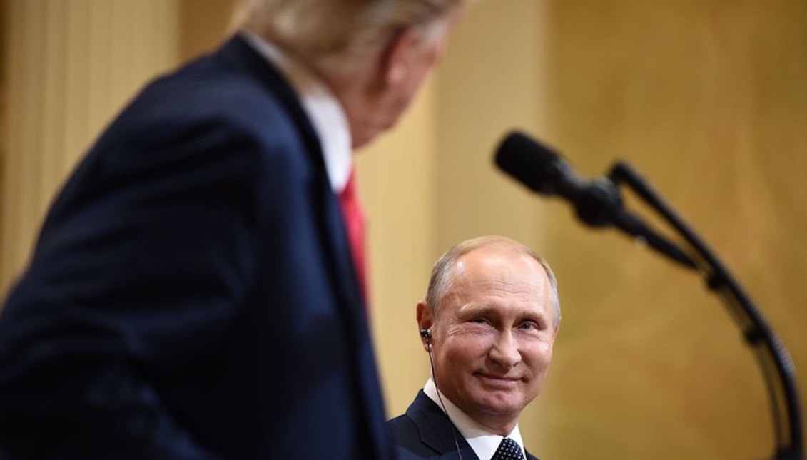 President Donald Trump and Russia's President Vladimir Putin attend a joint press conference after a meeting at the Presidential Palace in Helsinki, on July 16, 2018. (Getty Images)