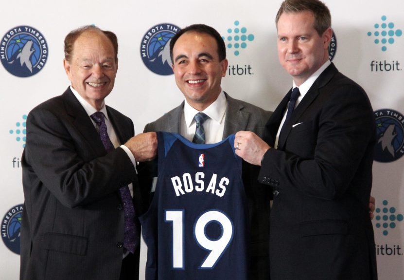Minnesota Timberwolves President of Basketball Operations Gersson Rosas is introduced at a news conference with Timberwolves owner Glen Taylor (left) and team CEO Ethan Casson (right) in Minneapolis May 6, 2019. Photo: Dane Mizutani / Pioneer Press