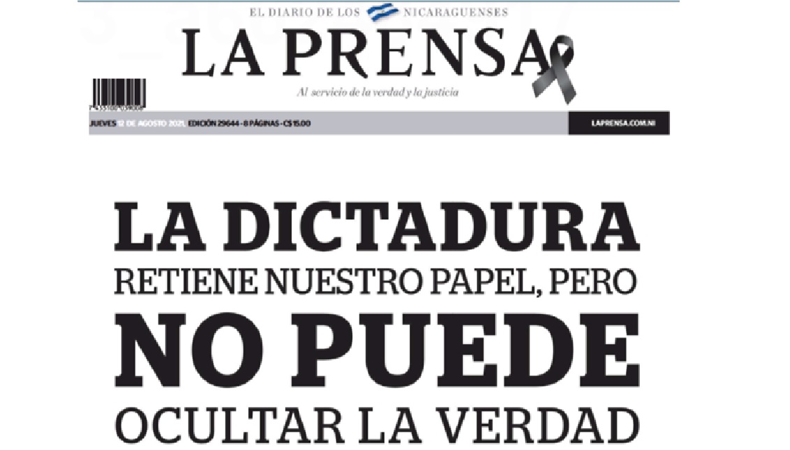 Cover of the first page of La Prensa on Thursday, in which it announces that it will stop circulating on the street due to the impossibility of being able to continue printing due to the lack of supplies. Pressure from Daniel Ortega’s government. La Prensa.