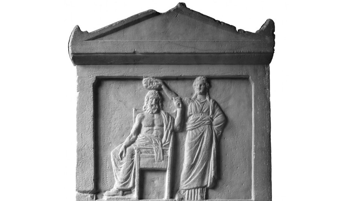 Demokratia: a woman crowning old man Demos, the people, a detail from an Athenian law sculpted in marble, 336 BCE.
