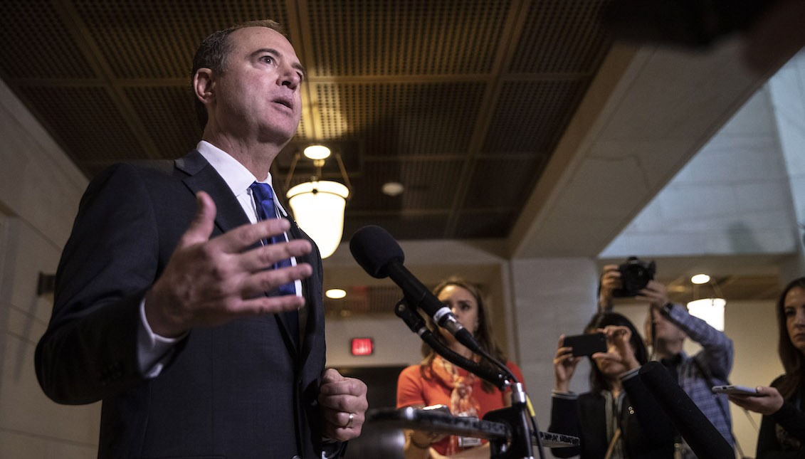 WASHINGTON, DC - NOVEMBER 4: U.S. House Intelligence Committee Chairman Rep. Adam Schiff (D-CA) speaks to reporters following a closed-door hearing with the House Intelligence, Foreign Affairs and Oversight committees at the U.S. Capitol on November 4, 2019 in Washington, DC. (Photo by Drew Angerer/Getty Images)