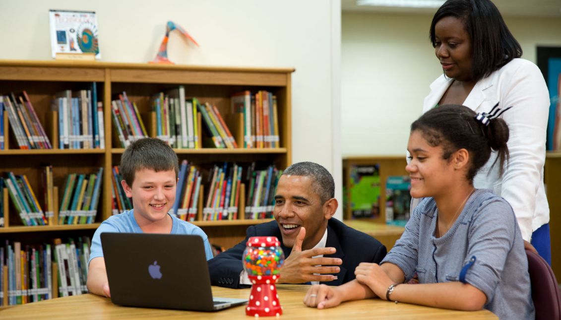 President Barack Obama views student projects created on laptops during a tour at Mooresville Middle School in Mooresville, N.C., June 6, 2013 (Official White House Photo by Pete Souza)
