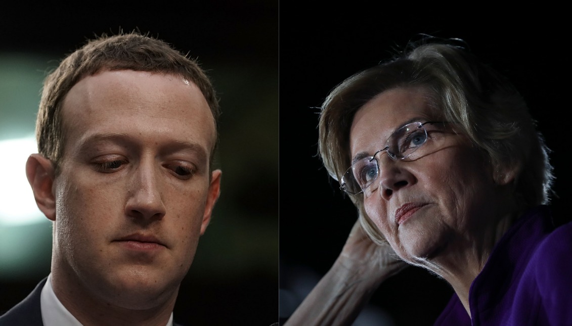 Founder and CEO of Facebook, Mark Zuckerberg (right). Democratic presidential candidate, Elizabeth Warren (left) Photos: Getty.